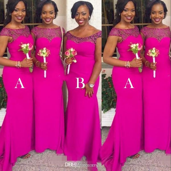 african mermaid bridesmaid dresses fuchsia chiffon maid of the honor wedding guest dresses lace illusion cap sleeves bridesmaids gowns, White;pink
african mermaid bridesmaid dresses fuchsia chiffon maid of the honor wedding guest dresses lace illusion cap sleeves bridesmaids gowns, White;pink