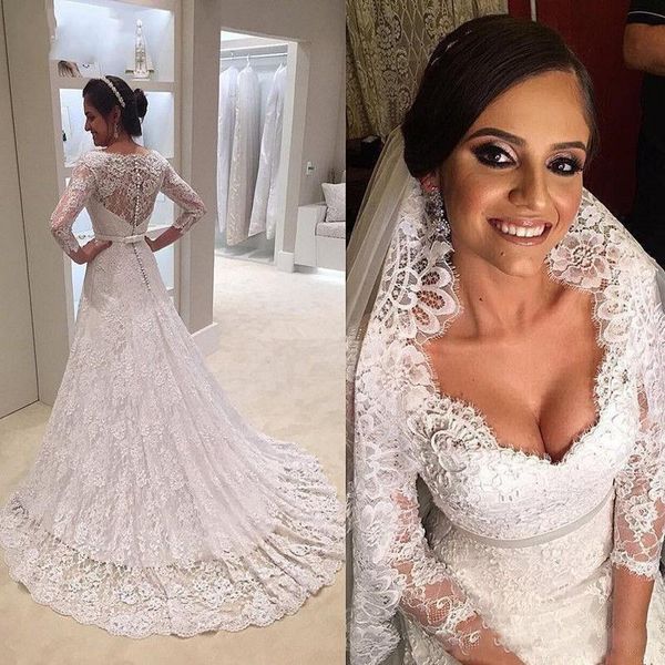 amazing lace a line wedding dresses deep neckline sheer long sleeves bridal gowns back covered buttons sweep train wedding vestidos, White
amazing lace a line wedding dresses deep neckline sheer long sleeves bridal gowns back covered buttons sweep train wedding vestidos, White