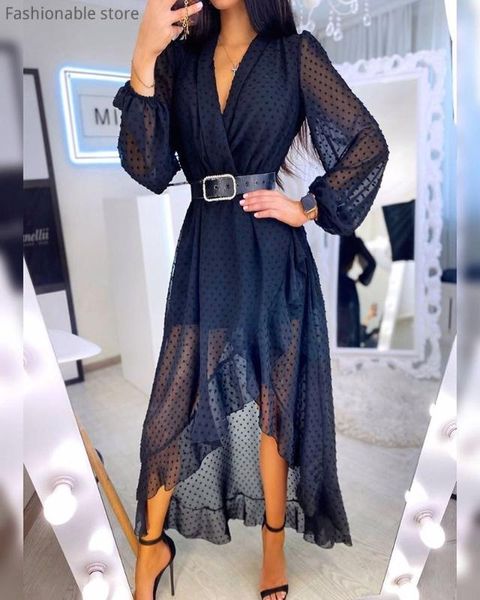 elegant lantern sleeve dot mesh dress long sleeve v neck ruffles wrap dress without belt, Black;gray
elegant lantern sleeve dot mesh dress long sleeve v neck ruffles wrap dress without belt, Black;gray