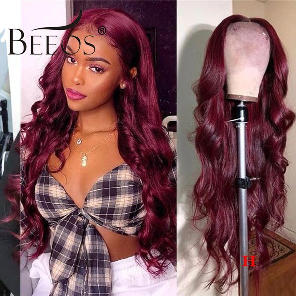 

beeos 13*6 body wave burgundy 99j colored lace front human hair wigs 150% for women pre plucked brazilian remy hair, Black;brown