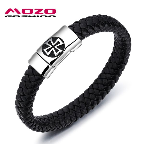 fashion jewelry black leather bracelet stainless steel punk cross magnet buckle male angle ps2077, Golden;silver