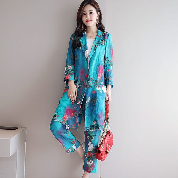 chinese style linen two-piece suit 2020 spring retro gradient color print fashion blazer and pants cotton and linen set k284, White;black
chinese style linen two-piece suit 2020 spring retro gradient color print fashion blazer and pants cotton and linen set k284, White;black