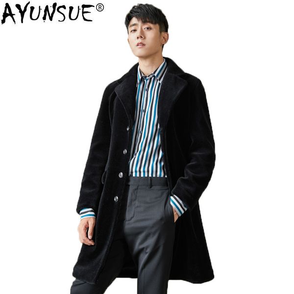 

ayunsue 100% wool coat men long winter jacket male sheep shearing real fur coat korean overcoat parka mont erkek kj1320, Black