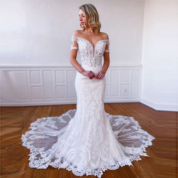 classy mermaid beaded lace wedding dresses off the shoulder appliqued see through buttons back bridal gowns sweep train robes de mariée, White
classy mermaid beaded lace wedding dresses off the shoulder appliqued see through buttons back bridal gowns sweep train robes de mariée, White