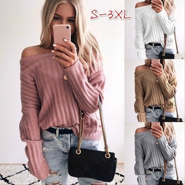 2019 women's long-sleeved shoulder knitted season solid color loose sweater knitted sweater top, White
2019 women's long-sleeved shoulder knitted season solid color loose sweater knitted sweater top, White