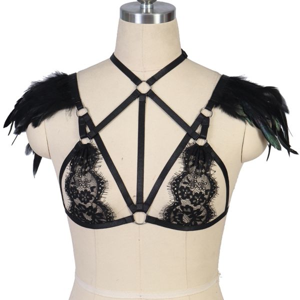 women lace harness bra pastel goth feather wings epaulette body harness belt burning man festival rave wear lingerie, Black;white
women lace harness bra pastel goth feather wings epaulette body harness belt burning man festival rave wear lingerie, Black;white