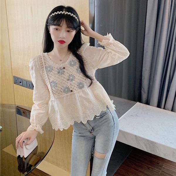 womens dresses summer gentle chic all-match hong kong-style retro design v small collar long-sleeved knitted stitching hollow-out shirt wome, White
womens dresses summer gentle chic all-match hong kong-style retro design v small collar long-sleeved knitted stitching hollow-out shirt wome, White