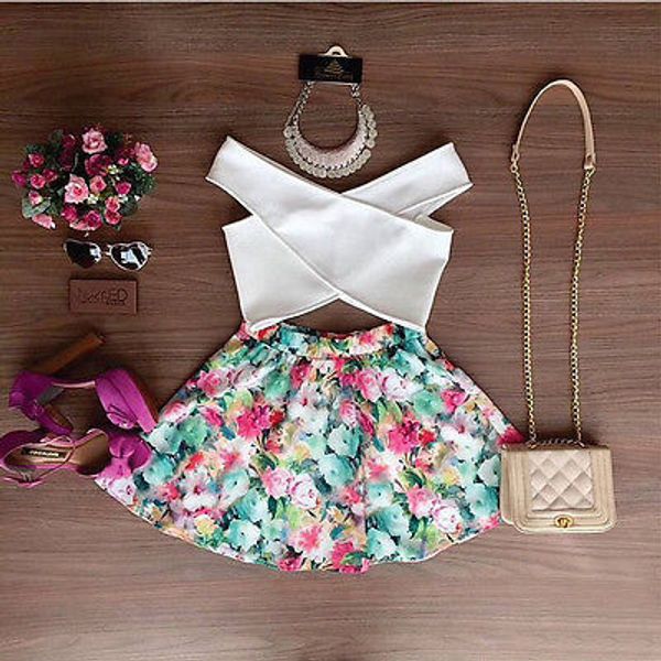 women summer sleeveless lace casual party white short shirt and flower colorful mini skirt, Black
women summer sleeveless lace casual party white short shirt and flower colorful mini skirt, Black