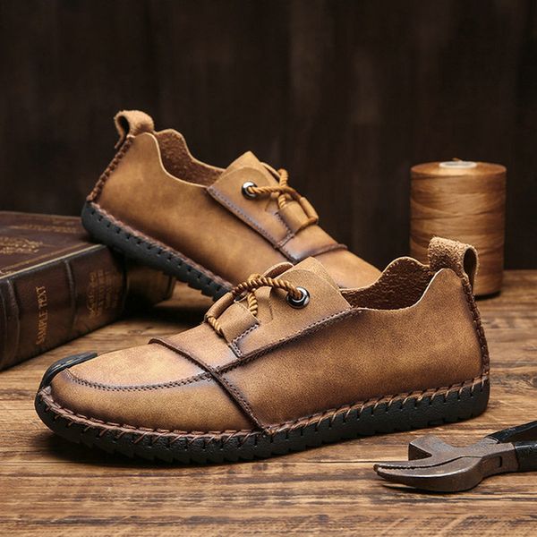 men leather casual shoes mens loafers moccasins breathable lace up black driving loafers shoes plus size a52-19