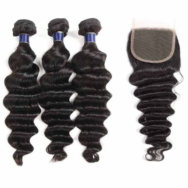 brazilian virgin hair loose deep weaves 3 bundles with 4x4 lace closure brazilian loose deep virgin human hair extensions weaves, Black 
brazilian virgin hair loose deep weaves 3 bundles with 4x4 lace closure brazilian loose deep virgin human hair extensions weaves, Black