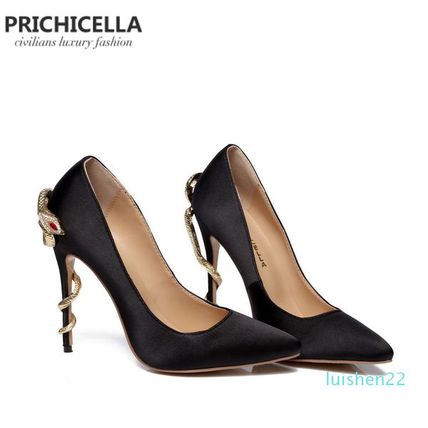 prichicella satin gold mental snake heel dress shoe unique genuine leather pointed toe high heeled pumps l22, Black
prichicella satin gold mental snake heel dress shoe unique genuine leather pointed toe high heeled pumps l22, Black