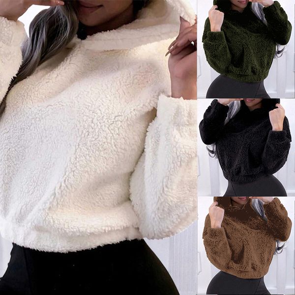 мода женщин с длинным рукавом сплошной цвет с капюшоном плюшевые с капюшоном короткий свитер, Black 
мода женщин с длинным рукавом сплошной цвет с капюшоном плюшевые с капюшоном короткий свитер, Black