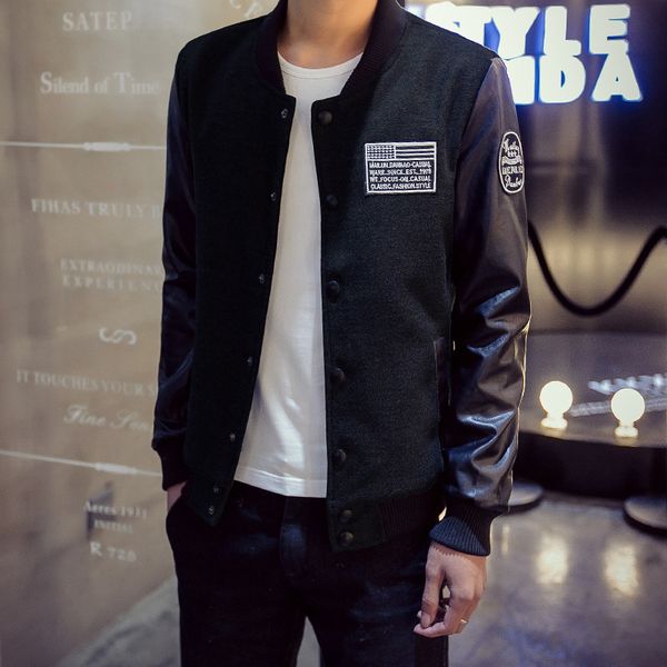 2016 spring new style men thin teenager stand collar leather stitching casual jacket slim fit coat upper outer garment fashion, Black
2016 spring new style men thin teenager stand collar leather stitching casual jacket slim fit coat upper outer garment fashion, Black