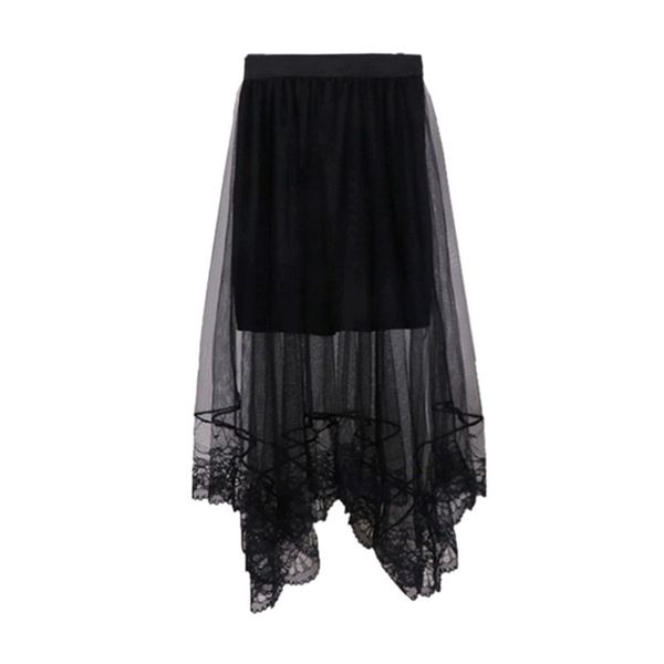 women high waist mesh party dress scalloped lace trim lined solid color irregular hem pleated double layer sheer midi long skirt, Black
women high waist mesh party dress scalloped lace trim lined solid color irregular hem pleated double layer sheer midi long skirt, Black