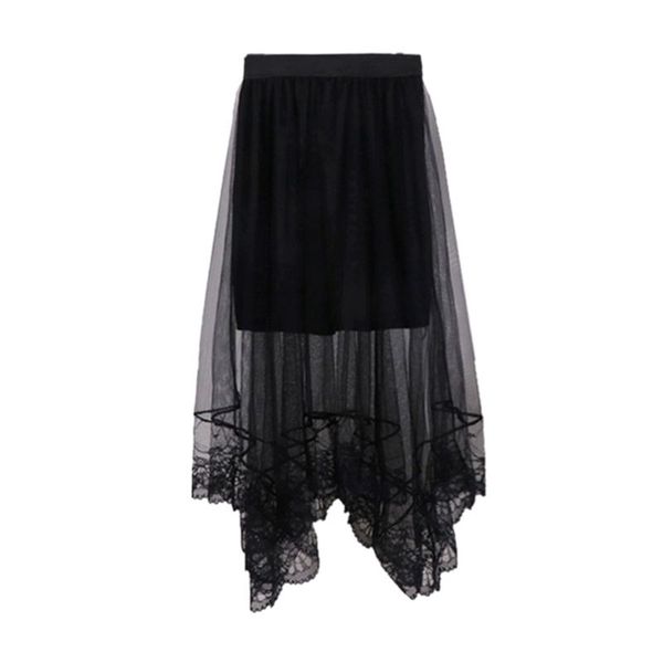 

women high waist mesh party dress scalloped lace trim lined solid color irregular hem pleated double layer sheer midi long skirt, Black