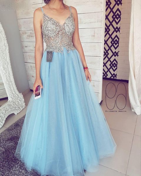 light sky blue prom dresses long spaghetti backless floor length applliques beads girls evening party gowns for sweet 16, Black
light sky blue prom dresses long spaghetti backless floor length applliques beads girls evening party gowns for sweet 16, Black