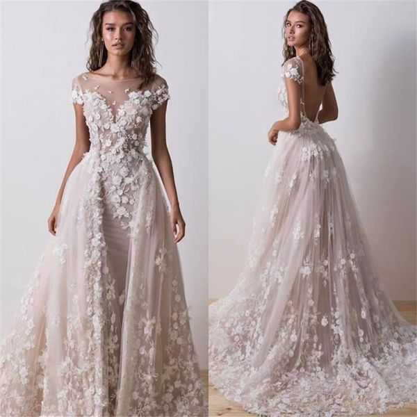 2019 lace mermaid wedding dresses with detachable train 3d floral appliques short sleeve bridal gowns backless beach wedding dress, White
2019 lace mermaid wedding dresses with detachable train 3d floral appliques short sleeve bridal gowns backless beach wedding dress, White