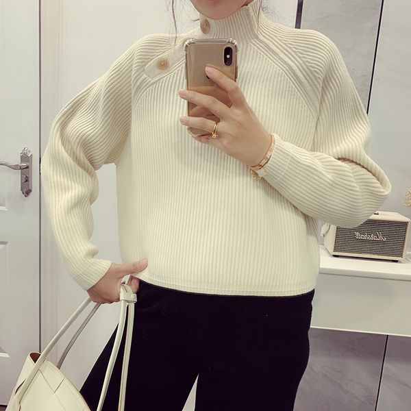 women's sweater knitted wool half-high collar long sleeve three button loose solid color causal knitwear pullovers, White;black
women's sweater knitted wool half-high collar long sleeve three button loose solid color causal knitwear pullovers, White;black