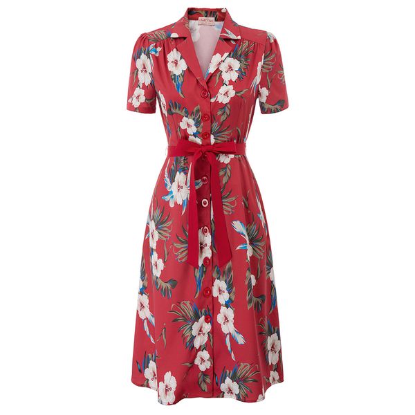 women vintage floral pattern short sleeve lapel collar belt decorated a-line dress, Black;gray
women vintage floral pattern short sleeve lapel collar belt decorated a-line dress, Black;gray