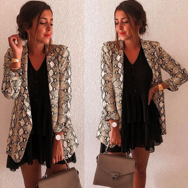 #2019 women snake print long sleeve suit coat biker jacket outwear women's suit top, Black;brown
#2019 women snake print long sleeve suit coat biker jacket outwear women's suit top, Black;brown