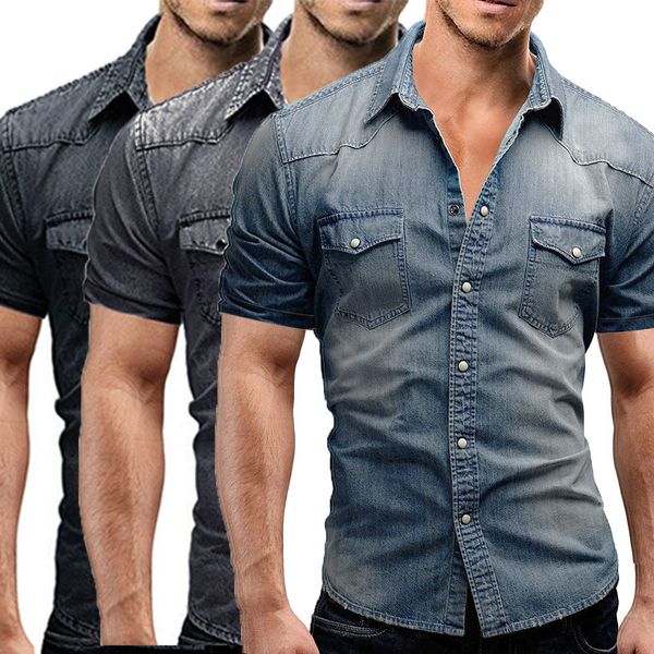 2019 fashion men's shirt casual men slim fit button denim shirts men short sleeve blouse with pocket, White;black
2019 fashion men's shirt casual men slim fit button denim shirts men short sleeve blouse with pocket, White;black