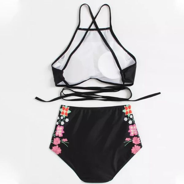 women black flower print halter bikini set backless tank high waist two pieces swimwear, White;black
women black flower print halter bikini set backless tank high waist two pieces swimwear, White;black