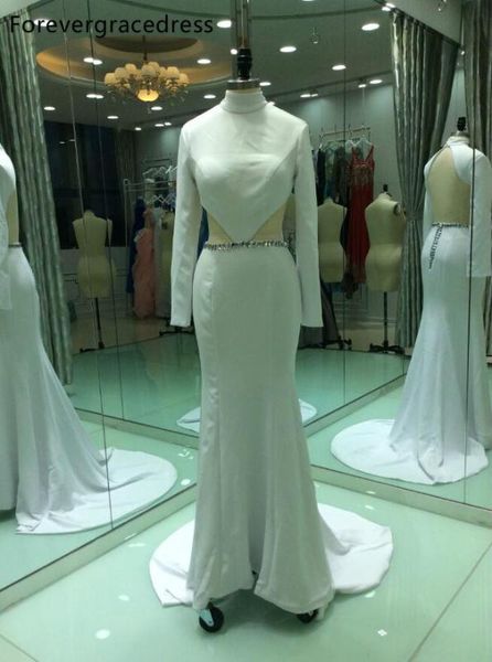 white long prom dress new design with long sleeves high neck backless party gown, White;black