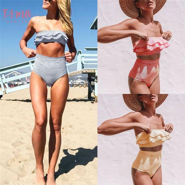 striped swimsuit women high waist bikini off shoulder swimwear 2020 ruffles bathing suit two piece suit push up bathers, White;black 
striped swimsuit women high waist bikini off shoulder swimwear 2020 ruffles bathing suit two piece suit push up bathers, White;black