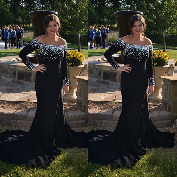 black split mermaid prom dresses long sleeves off the shoulder beaded evening dress sweep train formal party gowns, Black;red
black split mermaid prom dresses long sleeves off the shoulder beaded evening dress sweep train formal party gowns, Black;red