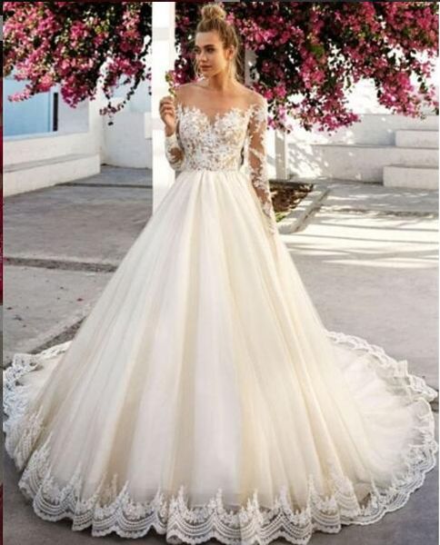 a line long sleeve ivory sheer lace applique beach country wedding dresses bridal gown vestito da sposa princess wedding gowns, White
a line long sleeve ivory sheer lace applique beach country wedding dresses bridal gown vestito da sposa princess wedding gowns, White