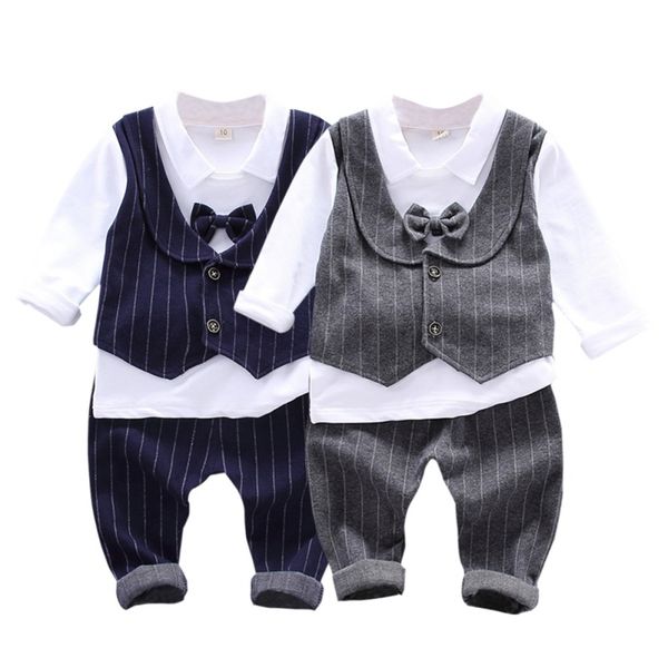 

baby outfits autumn gentleman set baby boys clothes toddler casual t-shirt kids fake vest tie design stripe pants trouser, White
