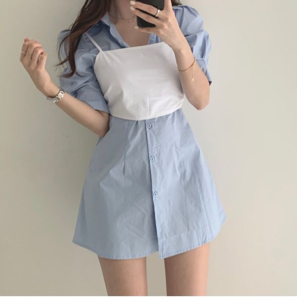 women two piece set korean style elegant turn down collar single breasted shirt blouse and spaghetti strap tank 2 piece set, White
women two piece set korean style elegant turn down collar single breasted shirt blouse and spaghetti strap tank 2 piece set, White