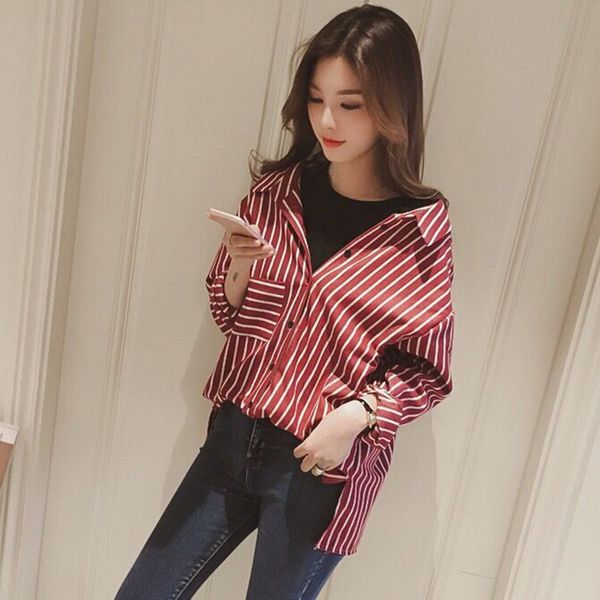 women's blouses & shirts women casual vintage fake two-piece stripes print lapel shirt loose single-breasted long sleeve elegant blouse, White
women's blouses & shirts women casual vintage fake two-piece stripes print lapel shirt loose single-breasted long sleeve elegant blouse, White