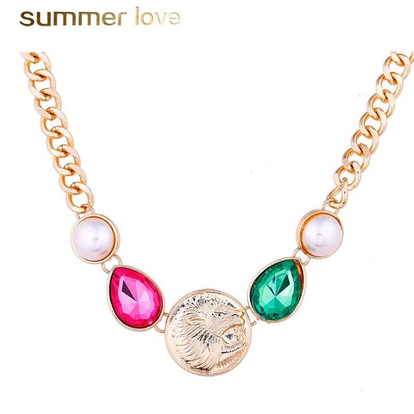 punk style round lion rhinestone pendant necklace for women round pearl adjustable gold color chain sweater necklace jewelry accessories, Silver
punk style round lion rhinestone pendant necklace for women round pearl adjustable gold color chain sweater necklace jewelry accessories, Silver