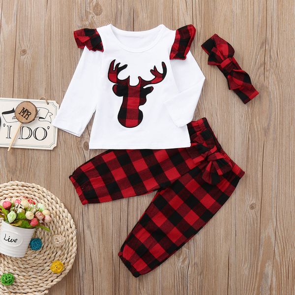 

infant baby boys girls clothes 3pcs christmas deer plaid pants outfits set kids clothes vetement enfant fille roupas, White