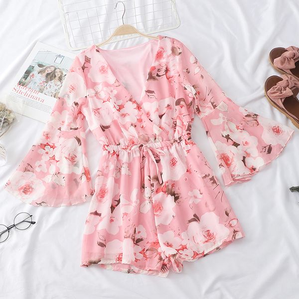 

mumuzi 2019 women chiffon jumpsuit flower print shorts wide leg pants flared sleeve v neck rompers overalls, Black;white