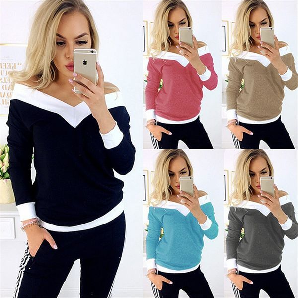 2020 european and american loose long-sleeved v-neck off-shoulder contrasting color womens t-shirt, White
2020 european and american loose long-sleeved v-neck off-shoulder contrasting color womens t-shirt, White
