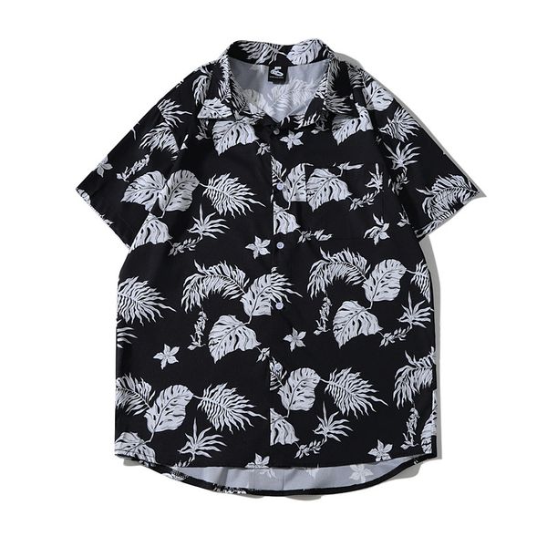 black color leaves printed button up hawaiian shirt for men short sleeve men's summer holiday aloha shirt with front pocket, White;black
black color leaves printed button up hawaiian shirt for men short sleeve men's summer holiday aloha shirt with front pocket, White;black