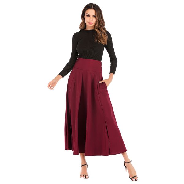 

sleeper #401 2019 new fashion women high waist pleated a line long skirt front slit belted maxi skirt solid long ing, Black