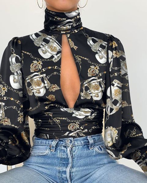 women's blouses & shirts keyhole front chain print open back blouse women elegant high neck long sleeve casual, White
women's blouses & shirts keyhole front chain print open back blouse women elegant high neck long sleeve casual, White