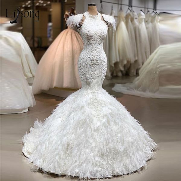 vintage lace appliqued high neck mermaid wedding dresses luxury arabic plus size bridal gown sweep train with feathers, White
vintage lace appliqued high neck mermaid wedding dresses luxury arabic plus size bridal gown sweep train with feathers, White