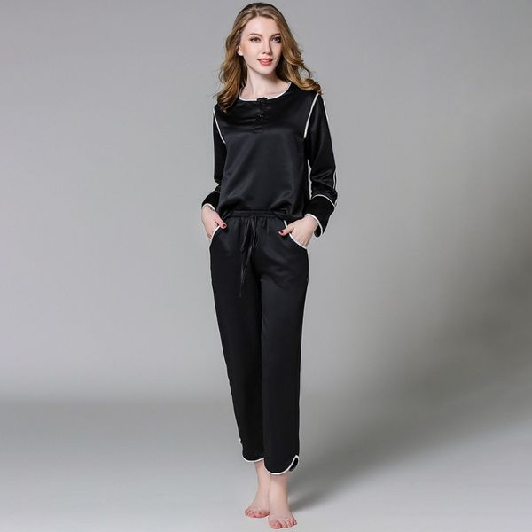 women automn silk long-sleeved trousers pajamas set button silk home wear elastic lace waistband sleepwear, Blue;gray
women automn silk long-sleeved trousers pajamas set button silk home wear elastic lace waistband sleepwear, Blue;gray