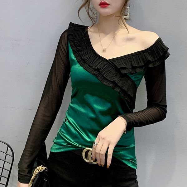 women's t-shirt 2021 spring autumn korean clothes patchwork mesh ruffles women ropa mujer bottoming shirt slim tees t9d008, White
women's t-shirt 2021 spring autumn korean clothes patchwork mesh ruffles women ropa mujer bottoming shirt slim tees t9d008, White