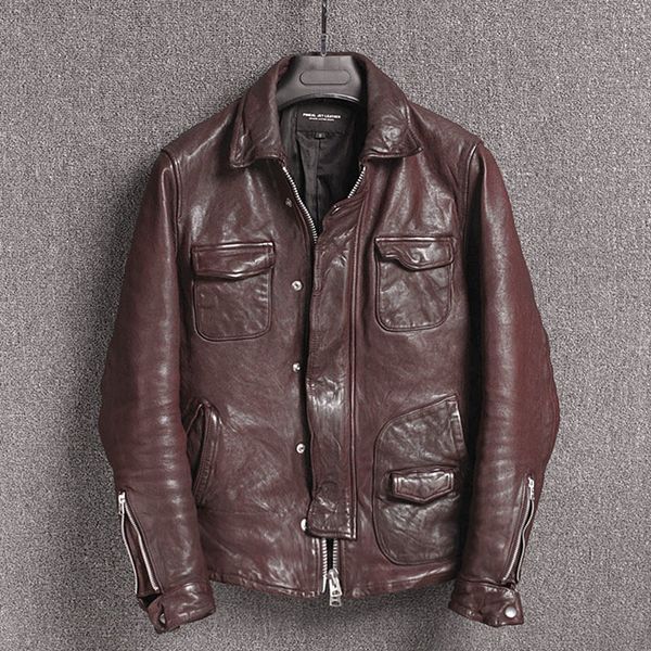 men's vintage motorcycle leather jacket vegetable tanning sheepskin slim fit biker jacket men japanese wrinkle leather coat male, Black
men's vintage motorcycle leather jacket vegetable tanning sheepskin slim fit biker jacket men japanese wrinkle leather coat male, Black