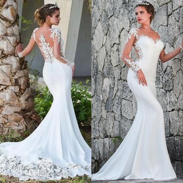 elegant long sleeves mermaid wedding dresses illusion tulle lace applique sweep train wedding gowns with buttons robes de, White
elegant long sleeves mermaid wedding dresses illusion tulle lace applique sweep train wedding gowns with buttons robes de, White