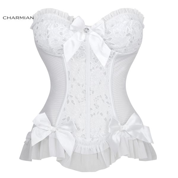 charmian women's strapless plastic bone white jacquard bride bowknot and ruffle overbust corset, Black;white
charmian women's strapless plastic bone white jacquard bride bowknot and ruffle overbust corset, Black;white