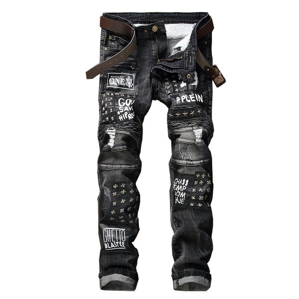 fashion men's punk jeans pants rivet embroidery denim trousers patchwork pleated jeans for male letter printed, Blue
fashion men's punk jeans pants rivet embroidery denim trousers patchwork pleated jeans for male letter printed, Blue