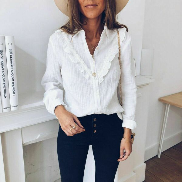 2019 new womens v-neck loose long sleeve ruffled shirts blouse button casual, White
2019 new womens v-neck loose long sleeve ruffled shirts blouse button casual, White