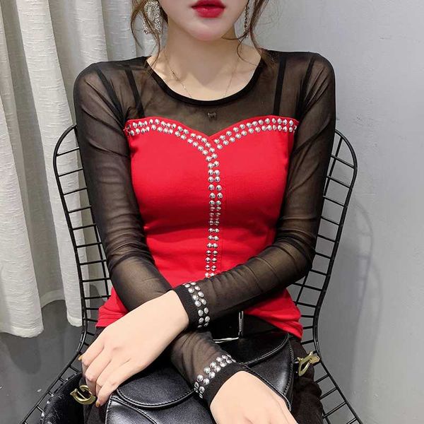 women's t-shirt 2021 spring autumn korean clothes patchwork mesh rivet women ropa mujer bottoming shirt slim tees t9d006, White
women's t-shirt 2021 spring autumn korean clothes patchwork mesh rivet women ropa mujer bottoming shirt slim tees t9d006, White