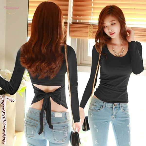 women solid colors hallow out basic t shirt female back lace up long sleeve harajuku fashion round neck tees, White 
women solid colors hallow out basic t shirt female back lace up long sleeve harajuku fashion round neck tees, White